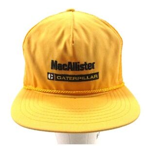 Vtg McAllister Caterpillar Yellow Trucker Strapback Mesh Hat Texace Made USA